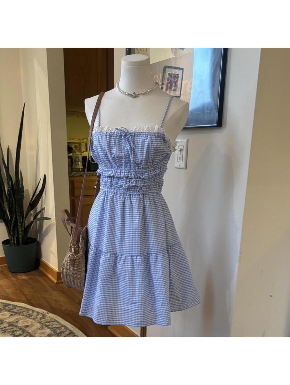Aeropostale Blue Gingham Lace Trim Mini Dress Coquette Cottagecore